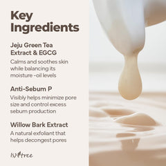 IsNtree Green Tea Fresh Emulsion ingredient close-up shows Jeju green tea extract.