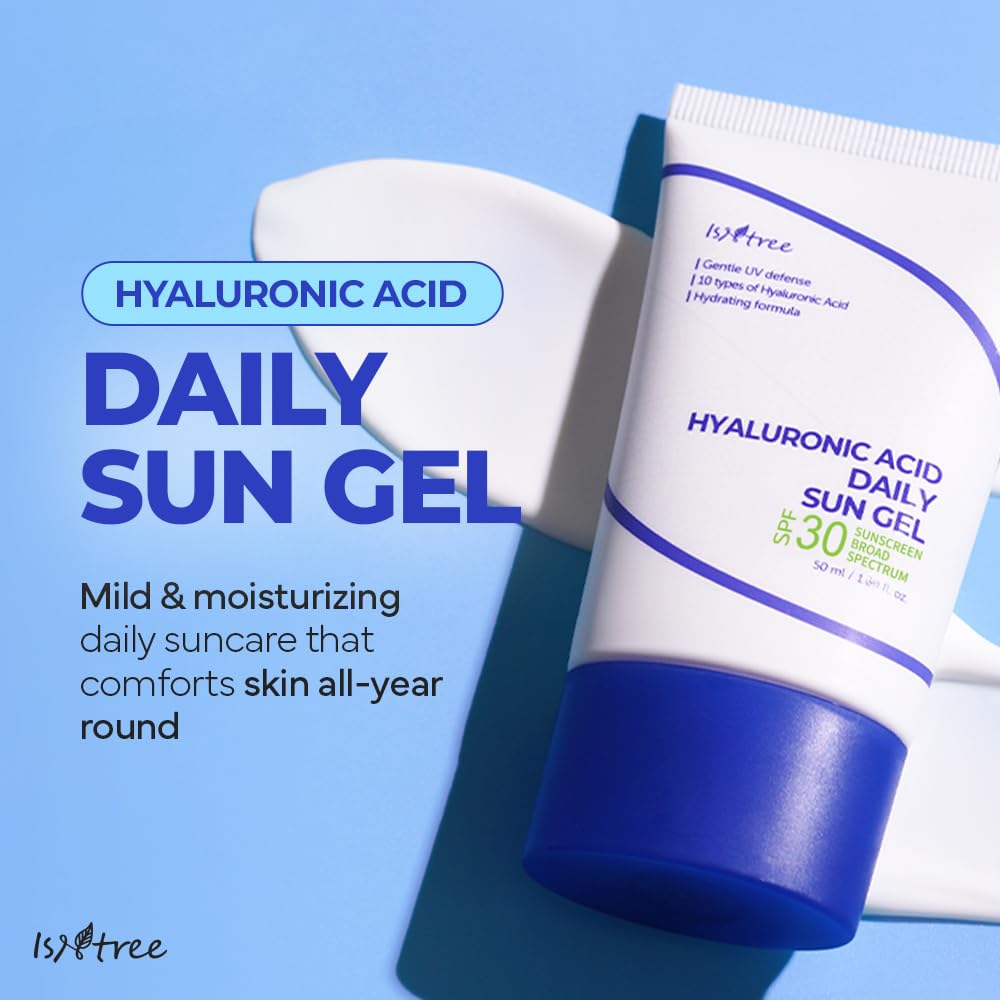 Texture en gros plan du gel solaire IsNtree montrant l'hydratation.