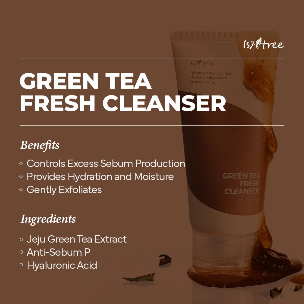 IsNtree Green Tea Fresh Cleanser gel texture close-up highlighting gentle wash.