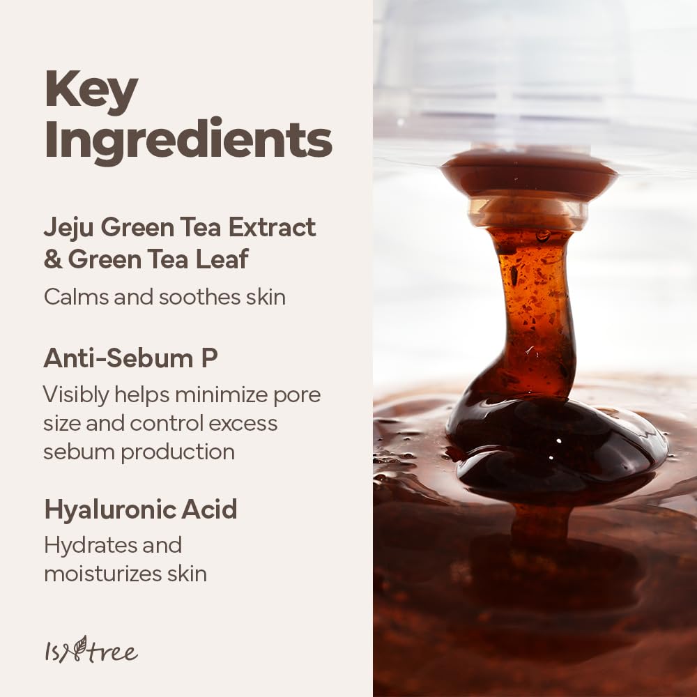 IsNtree Green Tea Fresh Cleanser Jeju green tea extract close-up for soothing, refreshing cleanse.