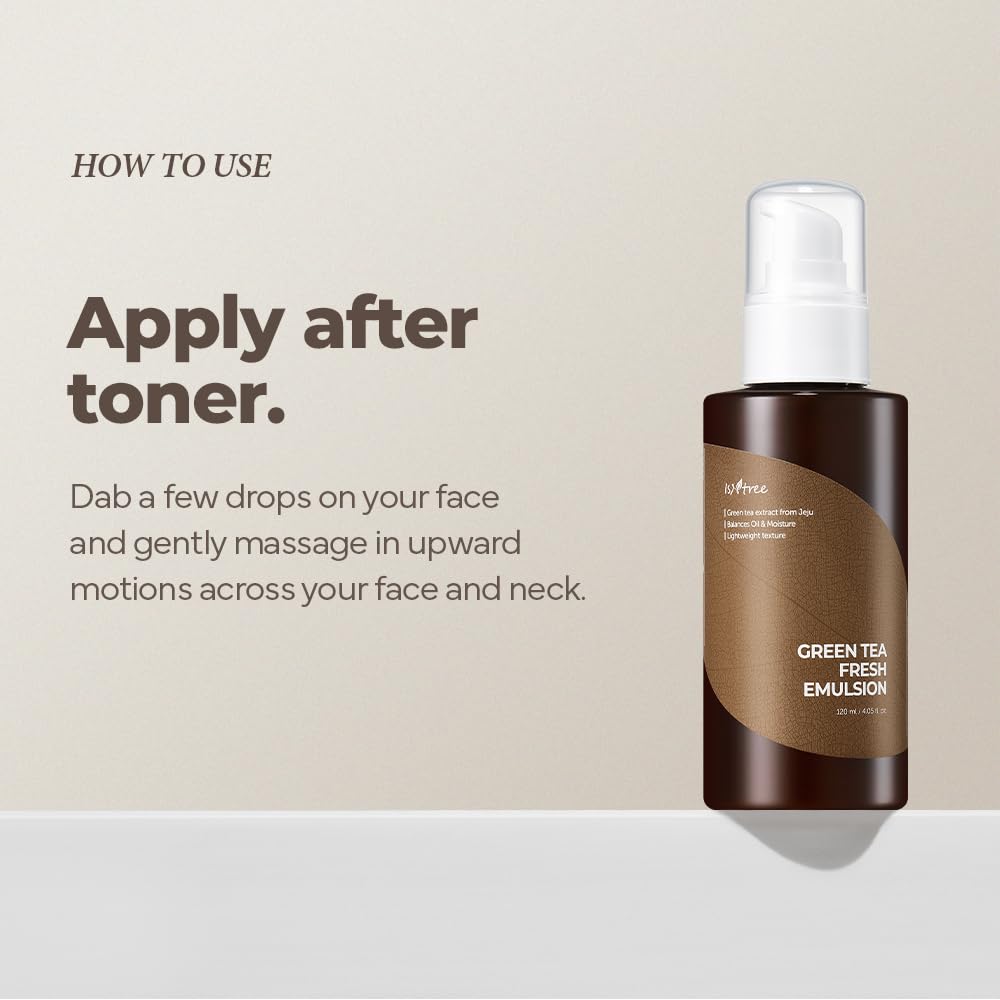 IsNtree Green Tea Fresh Emulsion packaging emphasizes gentle, non-irritating formula.