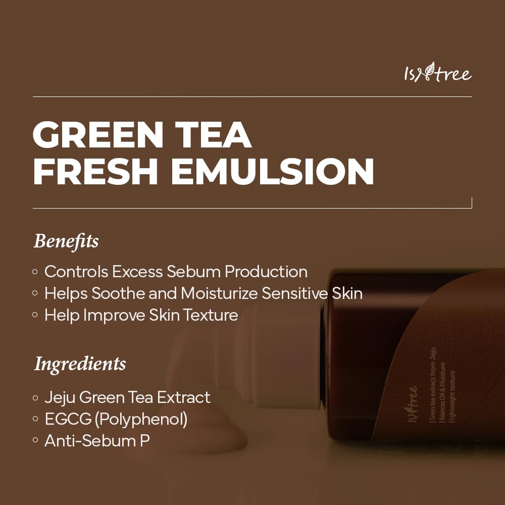 IsNtree Green Tea Fresh Emulsion texture close-up highlights lightweight hydration.