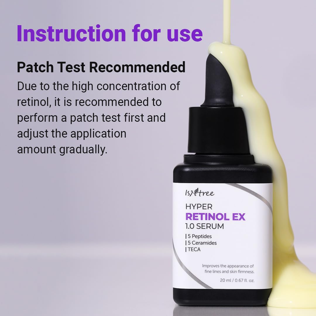 ISNTREE Hyper Retinol EX 1.0 Serum – gouttes sur peau, absorption efficace.
