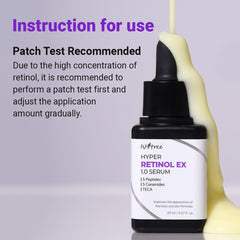 ISNTREE Hyper Retinol EX 1.0 Serum – gouttes sur peau, absorption efficace.
