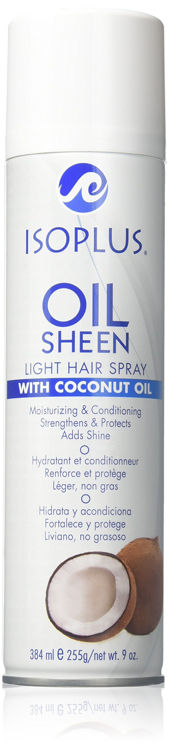 Isoplus Brillance Huile Légère Spray Coco 9oz pour cheveux brillants et faciles à démêler.
