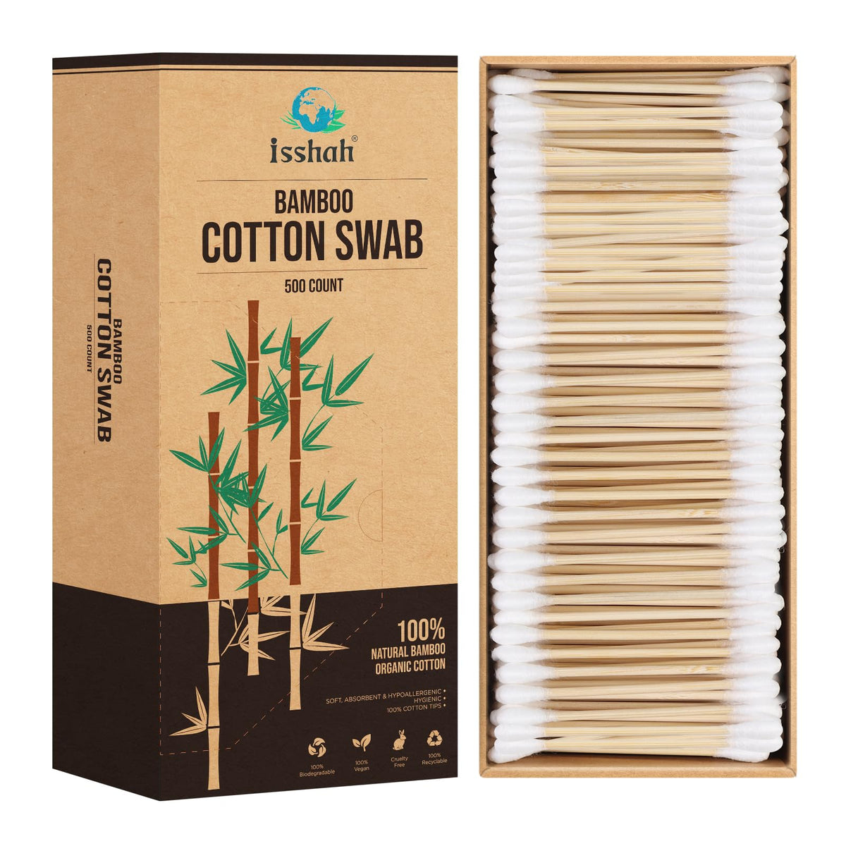 Coton-tiges Isshah en bambou, boîte de 500, durable et biodégradable pour usage quotidien.