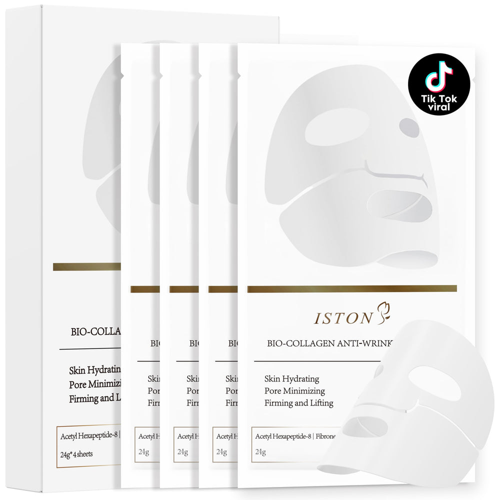 Masque collagène ISTON visage – avant-après, peau plus ferme et lumineuse.