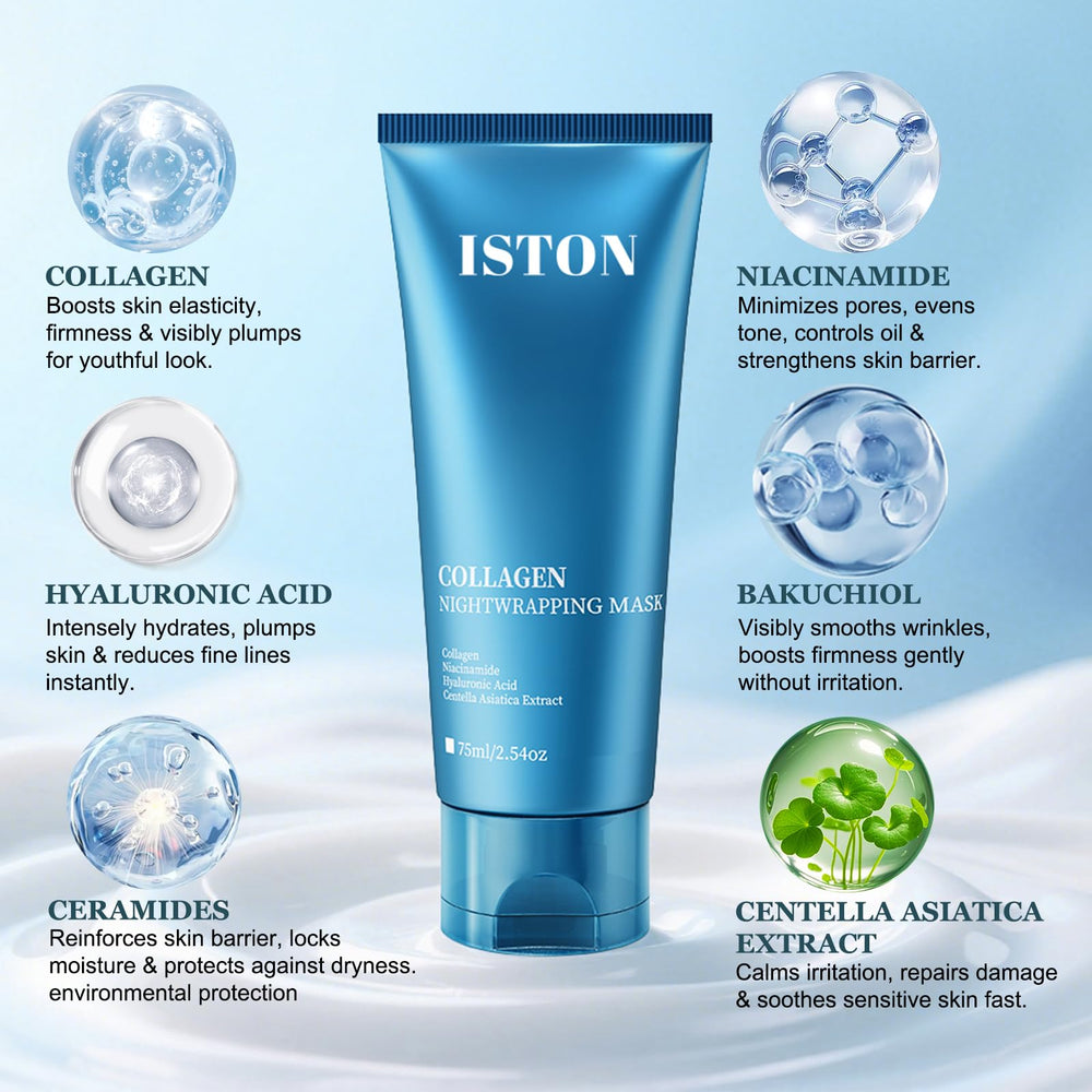 ISTON Masque Nuit Collagène - posé sur le visage pour action ciblée.
