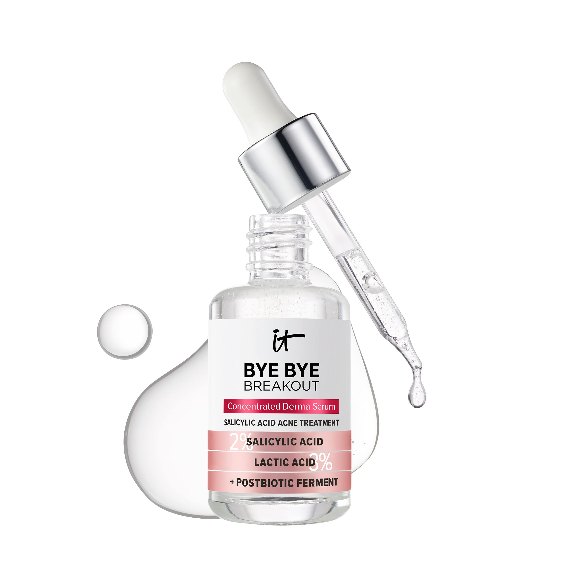 IT Cosmetics Bye Bye Breakout Serum flacon sur peau nette, action ciblée sur les boutons.