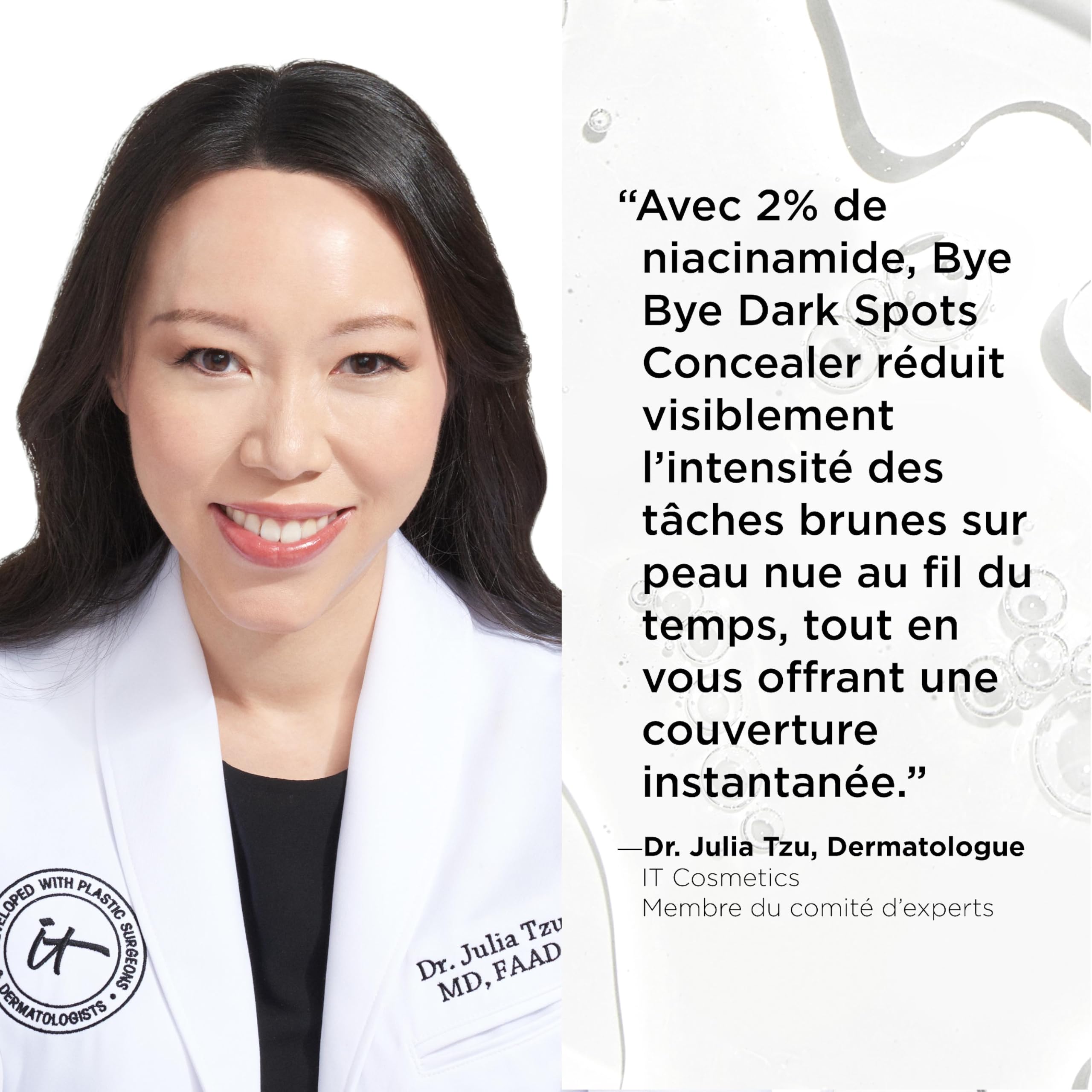 Évaluation clinique avec dermatologues sur taches et texture.