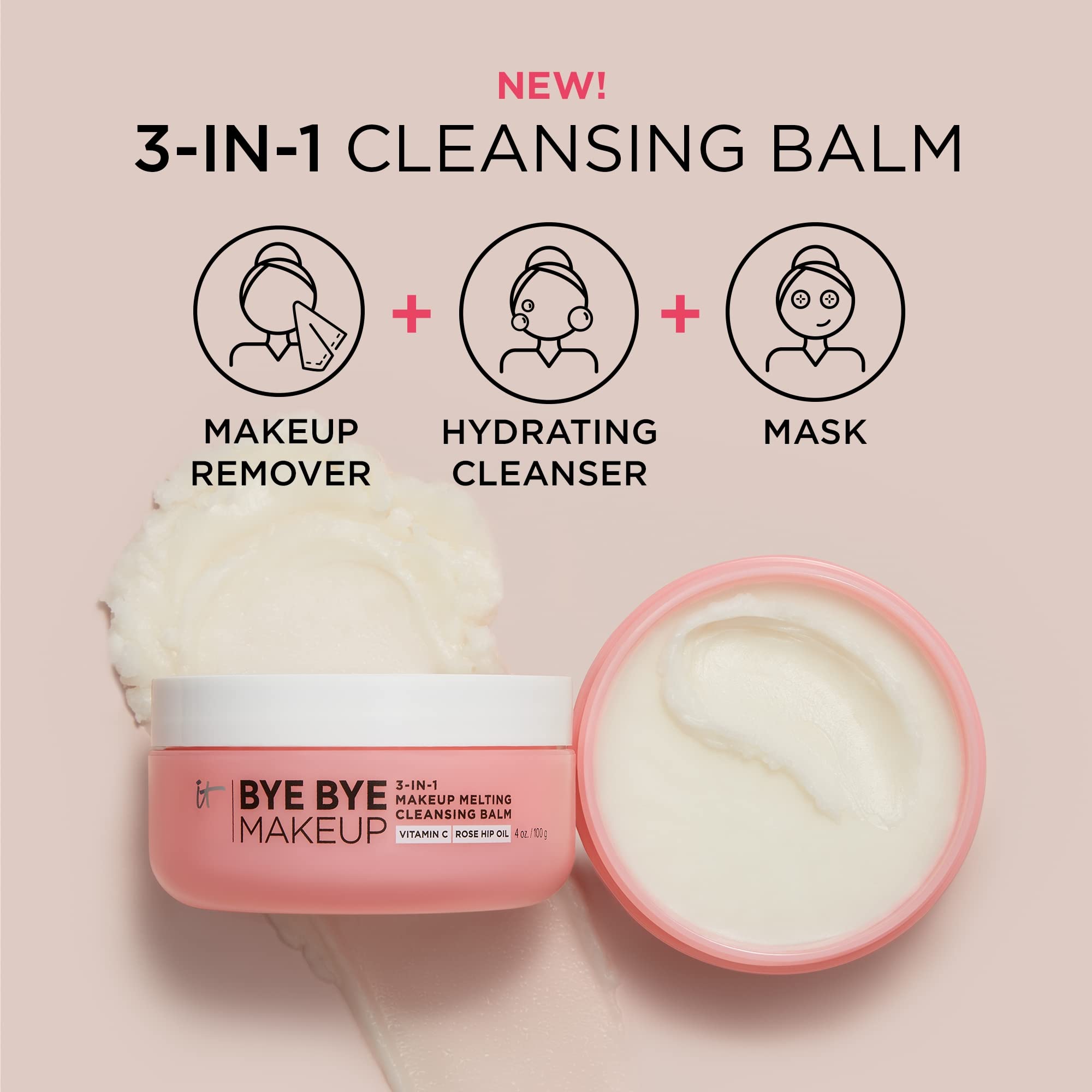 IT Cosmetics Bye Bye Makeup Balm – huile de rose musquée pour peau nourrie.