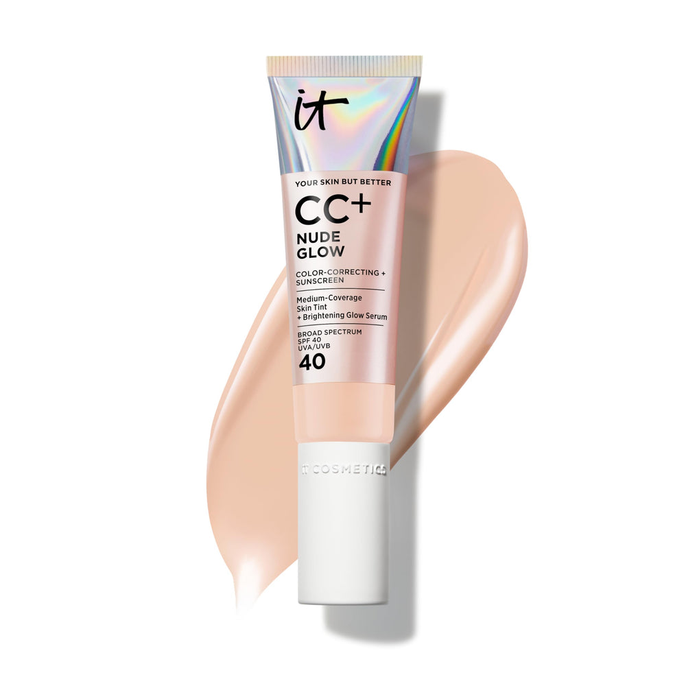CC+ Nude Glow d'IT Cosmetics dans la bouteille légère, éclat naturel et hydratation.