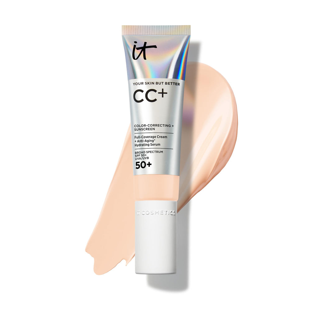 CC+ Crème IT Cosmetics: bouteille avec pompe, hydratation et protection SPF 50+.