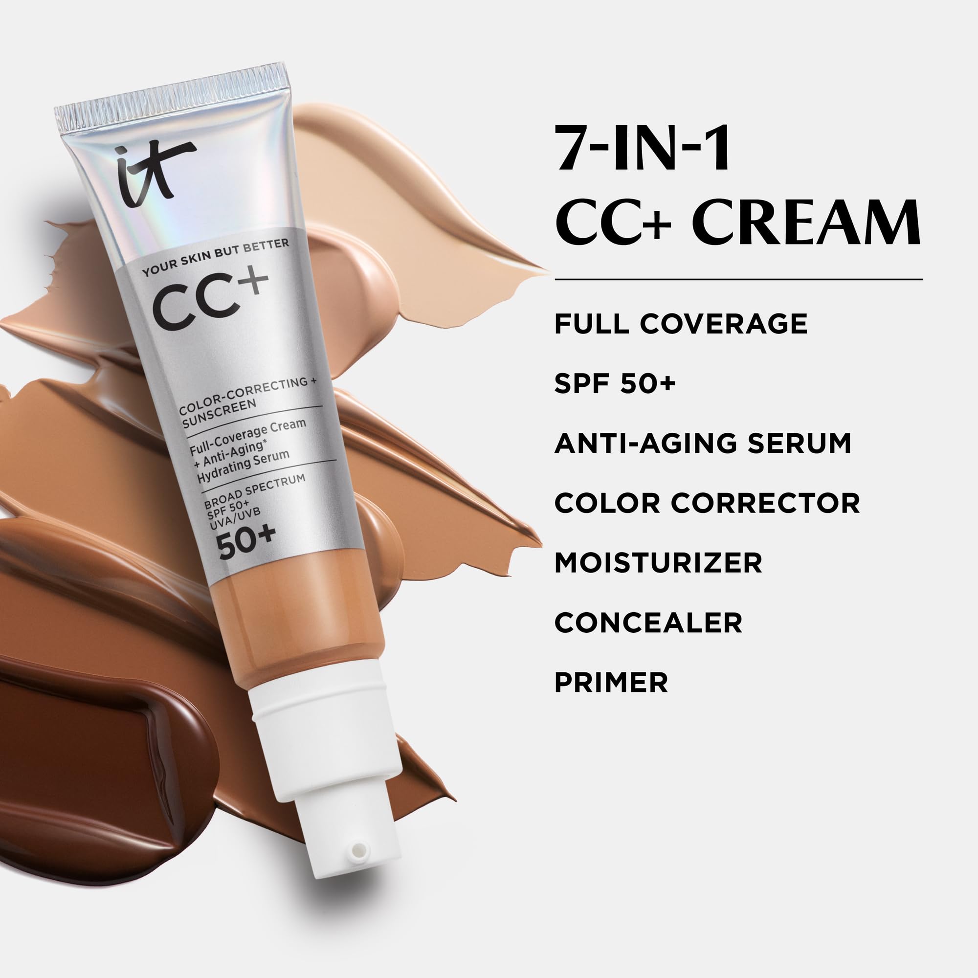 Protection SPF 50+ intégrée sans voile blanc sur la peau.