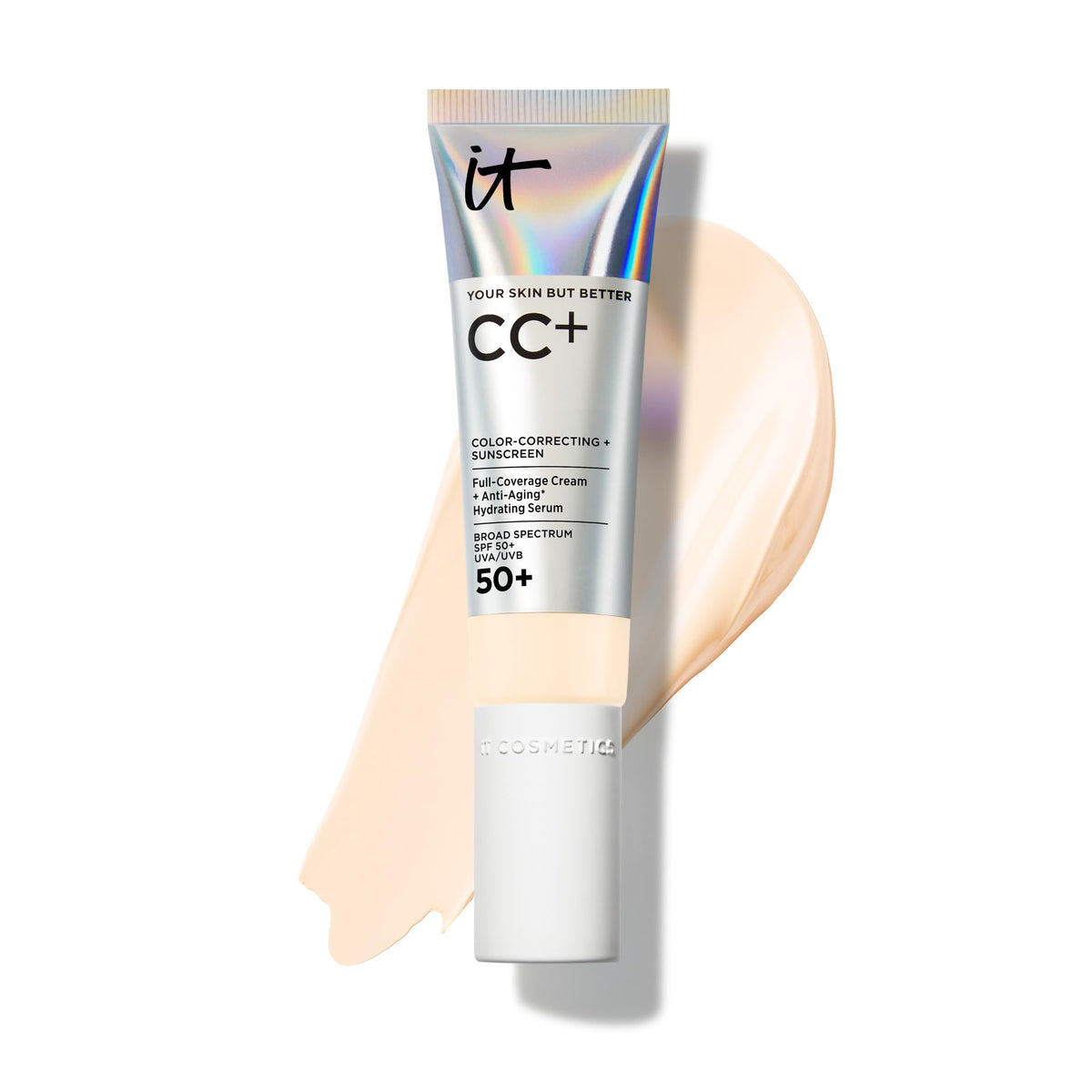CC+ Cream IT Cosmetics en teinte ivoire, échantillon montrant une correction subtile.