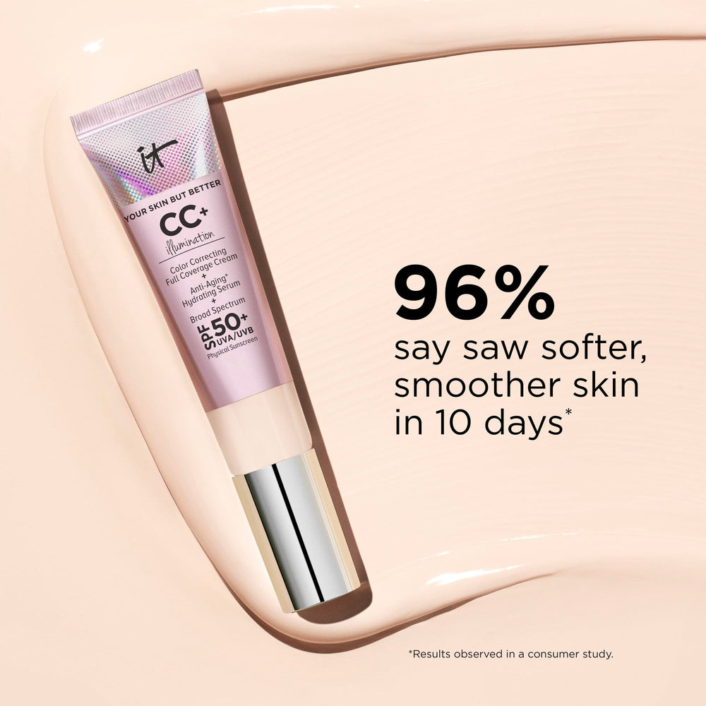 IT Cosmetics CC+ Illumination, tenue longue durée, fini naturel sur peau mature.