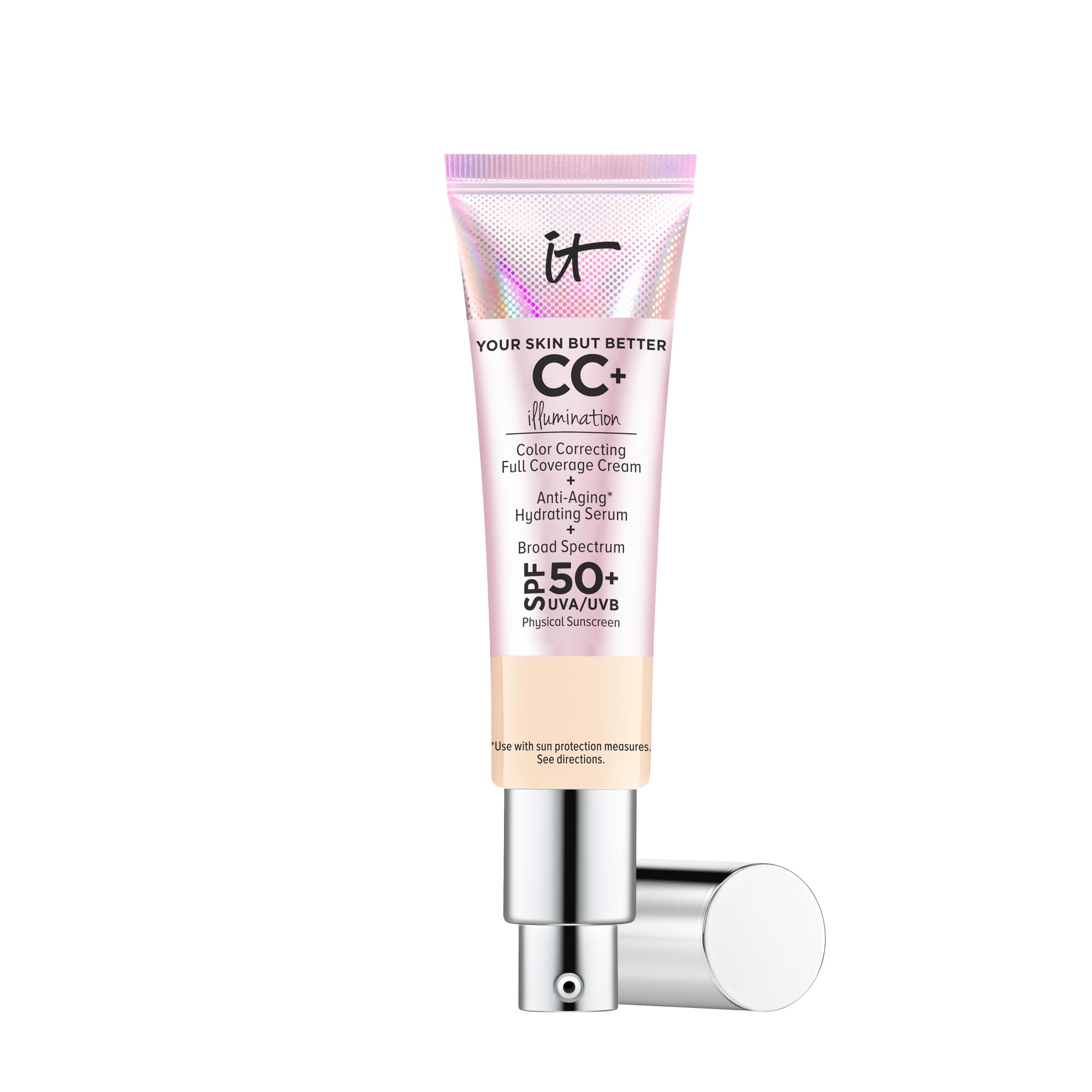IT Cosmetics CC+ Illumination, flacon pompe, fond lumineux et hydratant avec SPF 50.
