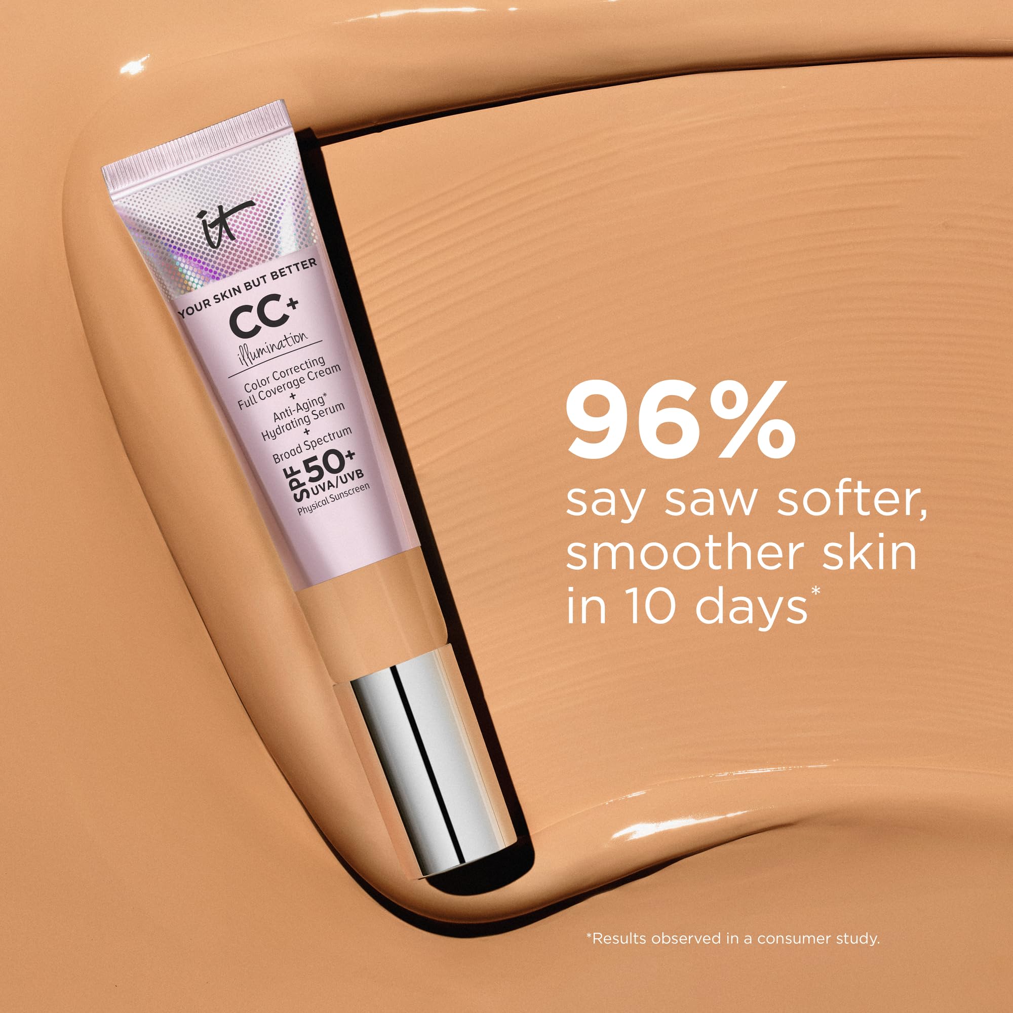 IT Cosmetics CC+ Illumination Tan — protection SPF 50+ pour peaux exposées au soleil.