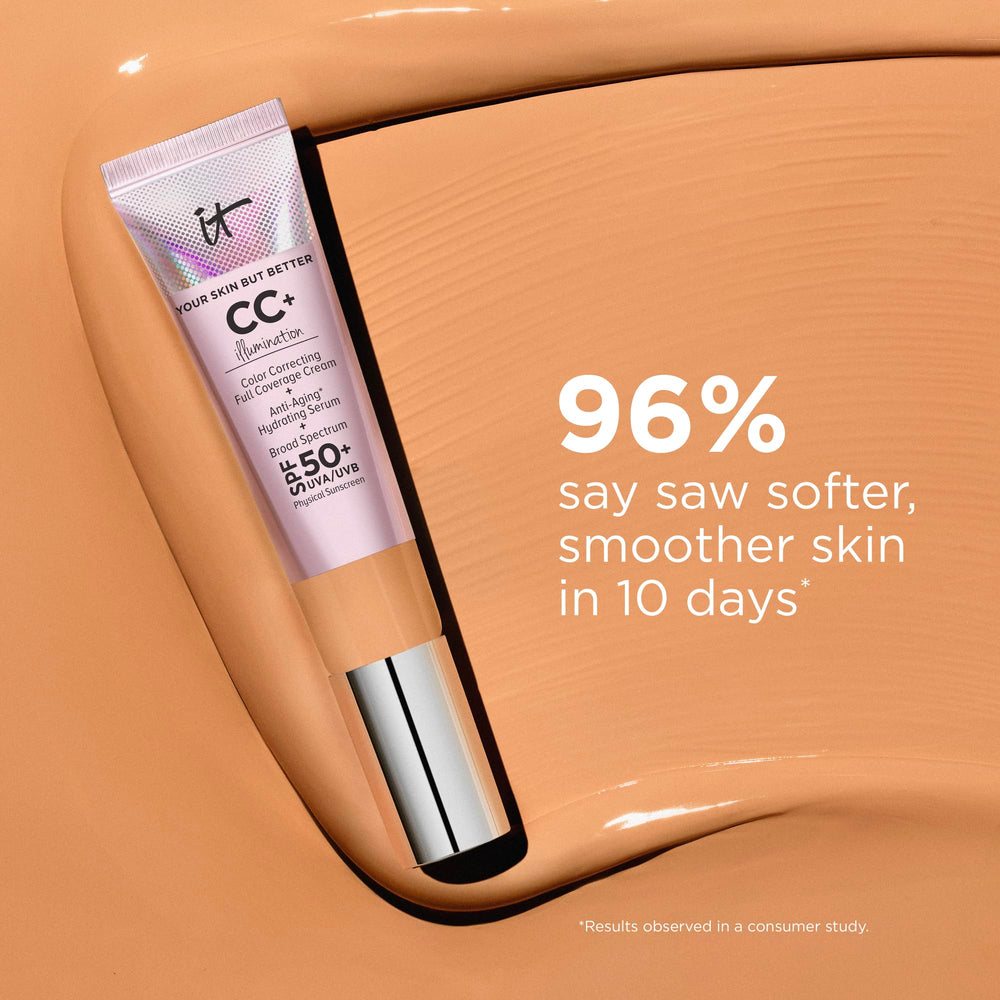 IT Cosmetics CC+ Illumination Tan — protection SPF 50+ pour peaux exposées au soleil.