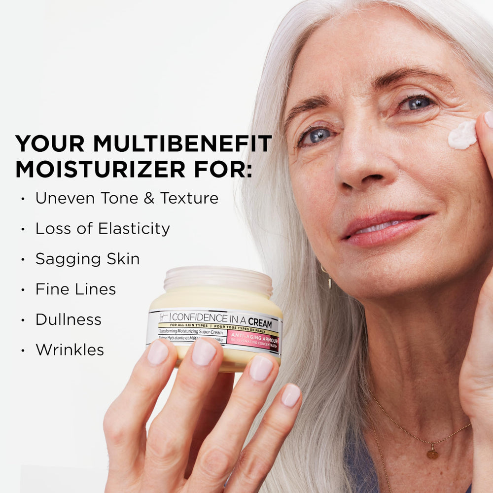 Confidence in a Cream – peau visiblement hydratée après l’application.