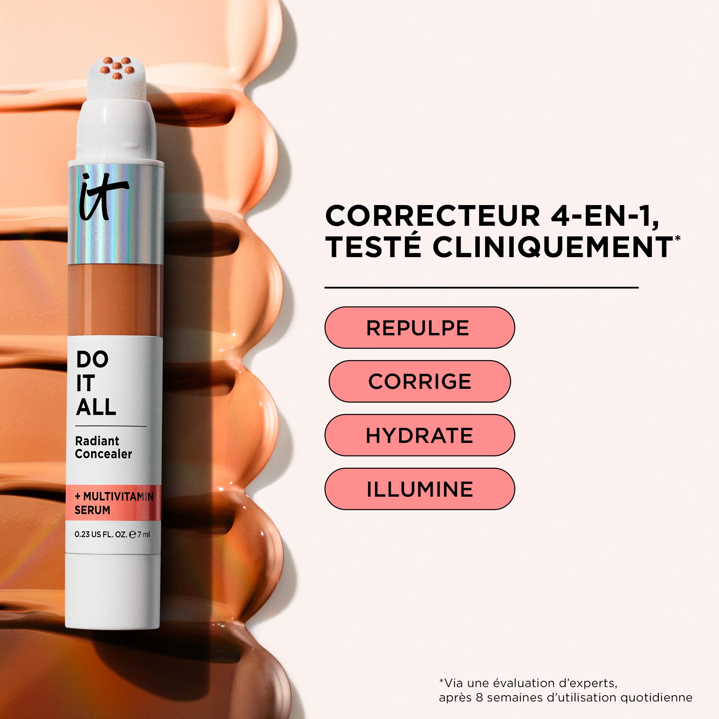 IT Cosmetics Do It All Radiant, ingrédients niacinamide visibles pour l'hydratation et la brillance.
