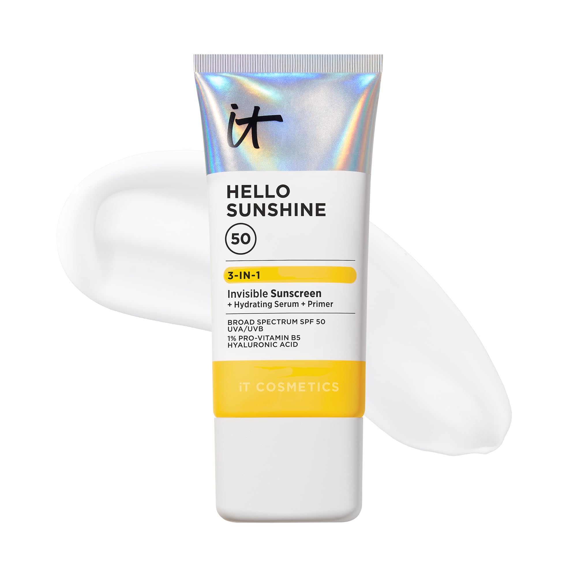 IT Cosmetics Hello Sunshine flacon visage SPF50 offrant protection et hydratation quotidiennes.