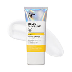 IT Cosmetics Hello Sunshine flacon visage SPF50 offrant protection et hydratation quotidiennes.