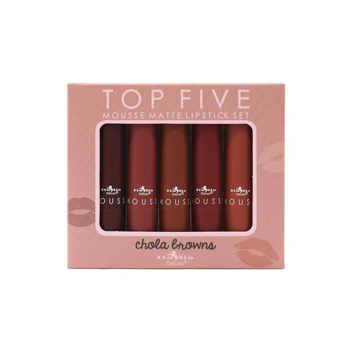 Italia Deluxe présente l’ensemble cinq rouges à lèvres mousse mat, application douce.