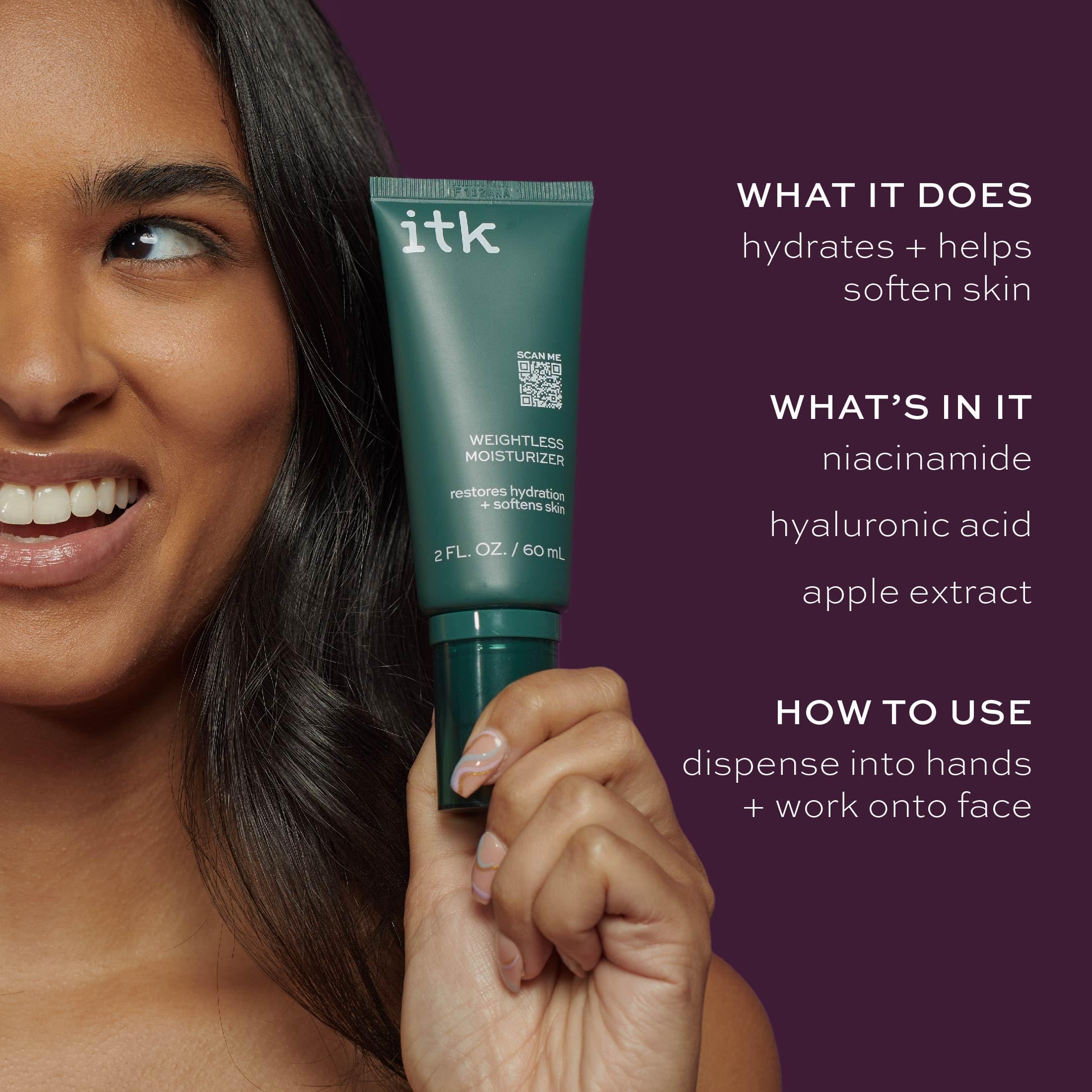 ITK Skincare cleanser makeup remover application demonstrates dual-function use.
