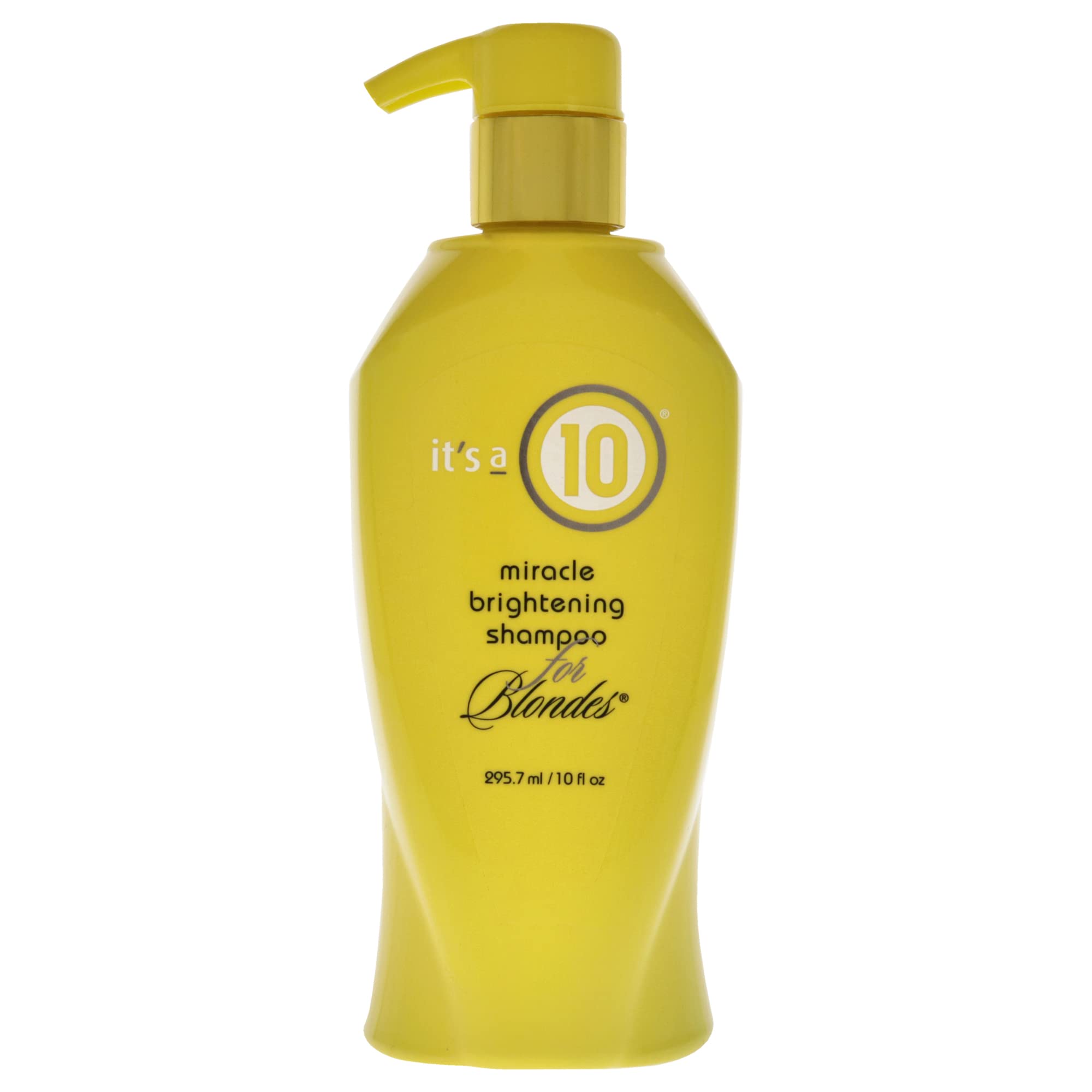 It's a 10 Haircare Miracle Brightening Shampoo bottle brightens blonde highlights with lightweight shine.