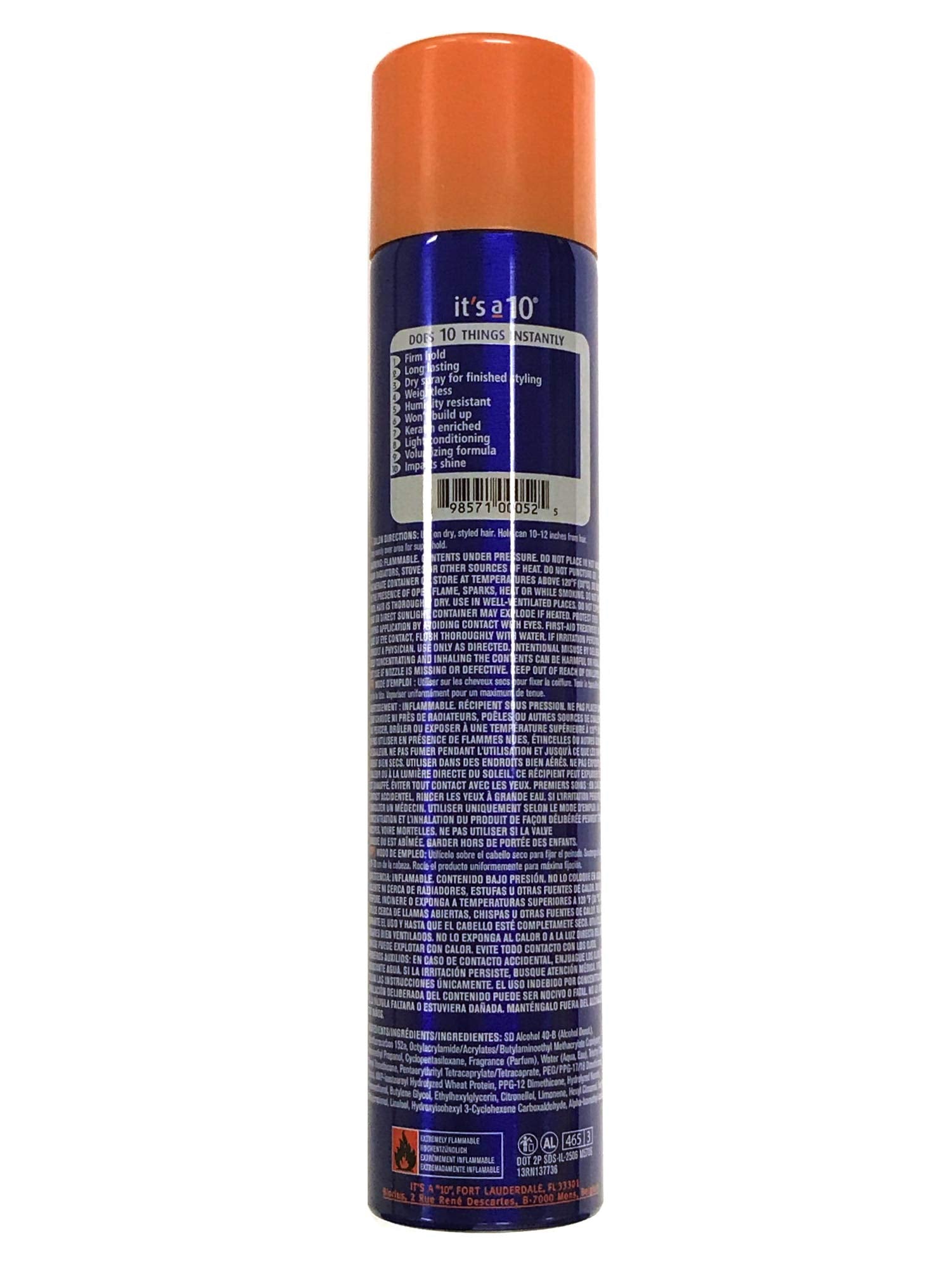 Its a 10 Haircare - bouteille spray-coiffage, démontrant tenue flexible, brillance et facilité d'utilisation.