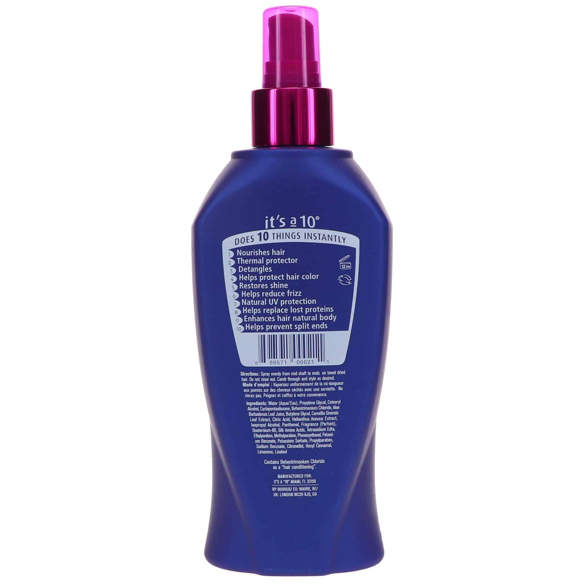 Utilisation pratique du pulvérisateur conditionneur sans rinçage Its A 10 Haircare pour nourrir et démêler les cheveux.