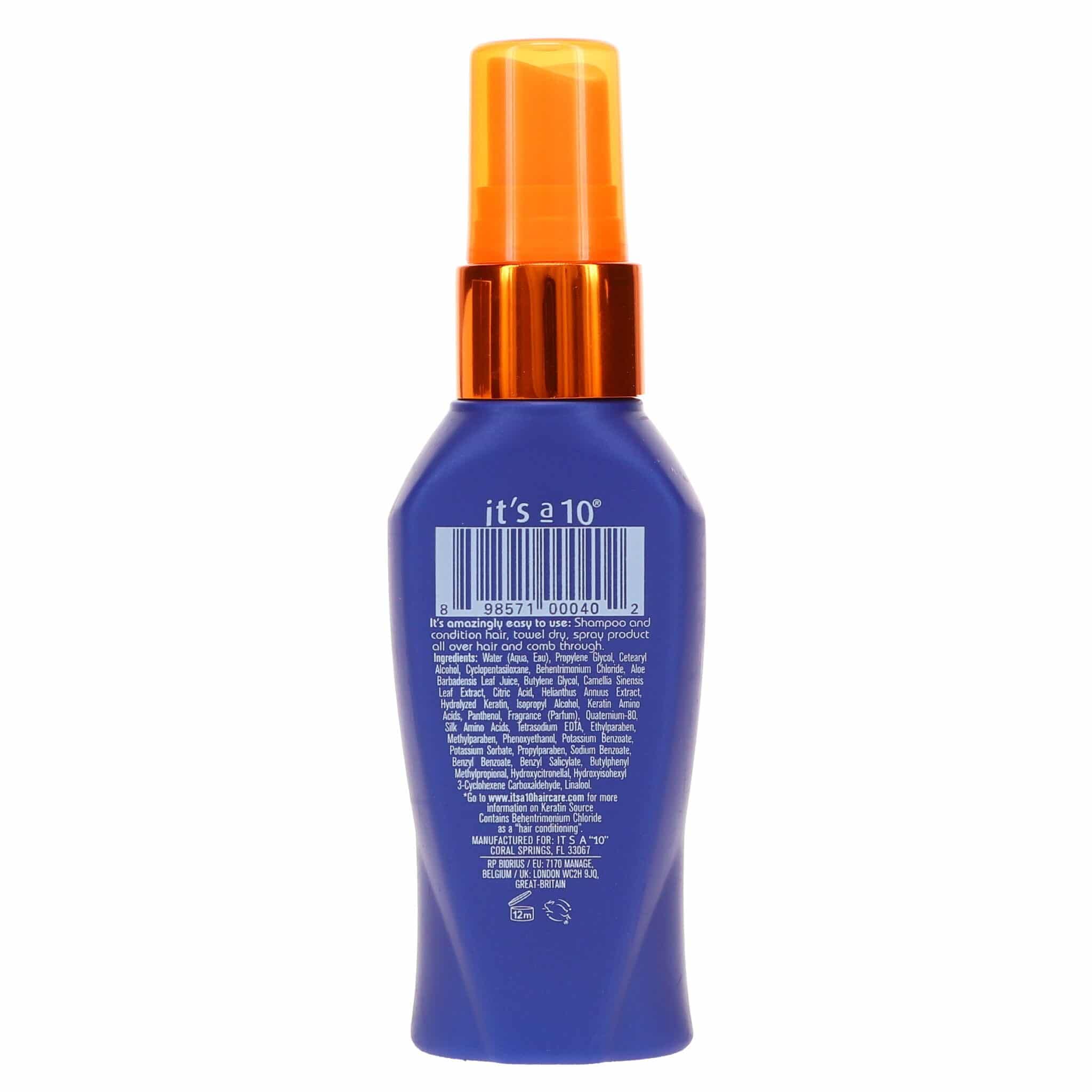 Its A 10 Miracle Leave-In Plus Keratin — application capillaire illustrant le coiffage et le brillance.