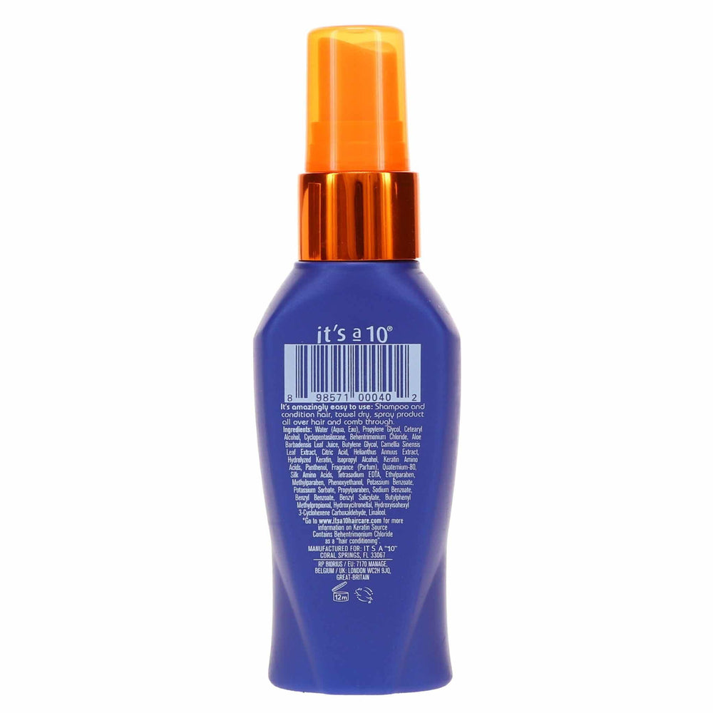 Its A 10 Miracle Leave-In Plus Keratin — application capillaire illustrant le coiffage et le brillance.