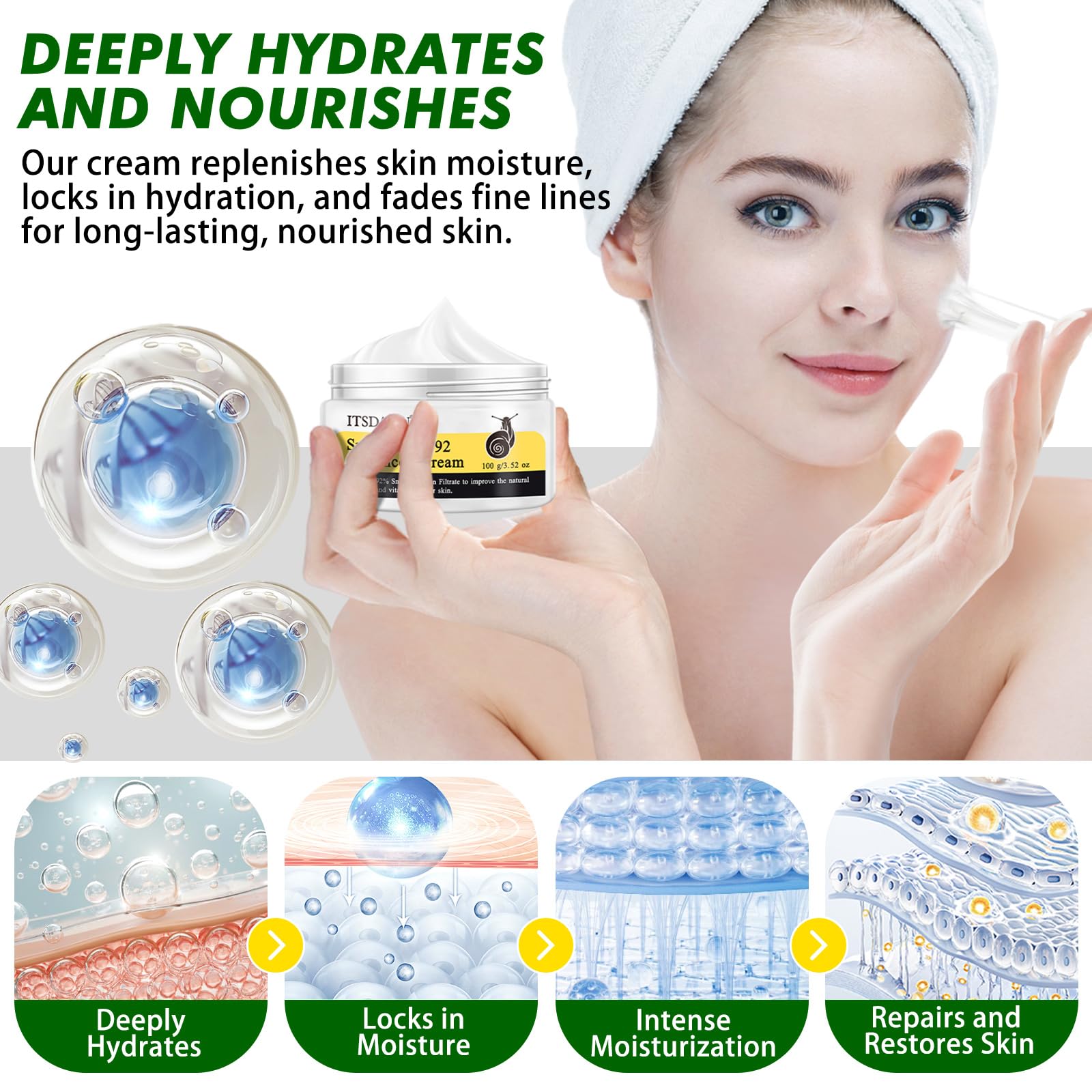 ITSDAWN Application Crème Visage Escargot 92% – démonstration d'une application douce et rapide.