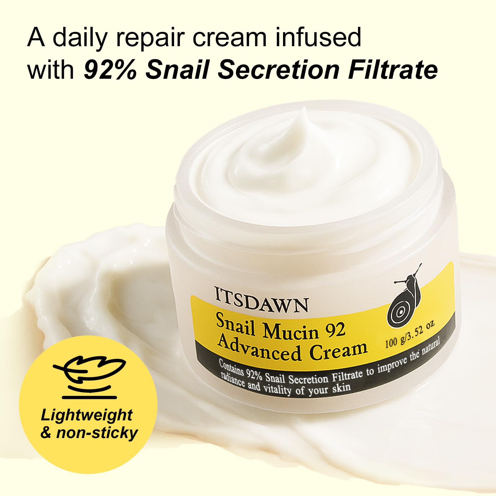 ITSDAWN Crème Mucin 92% texture crème satinée qui pénètre rapidement.