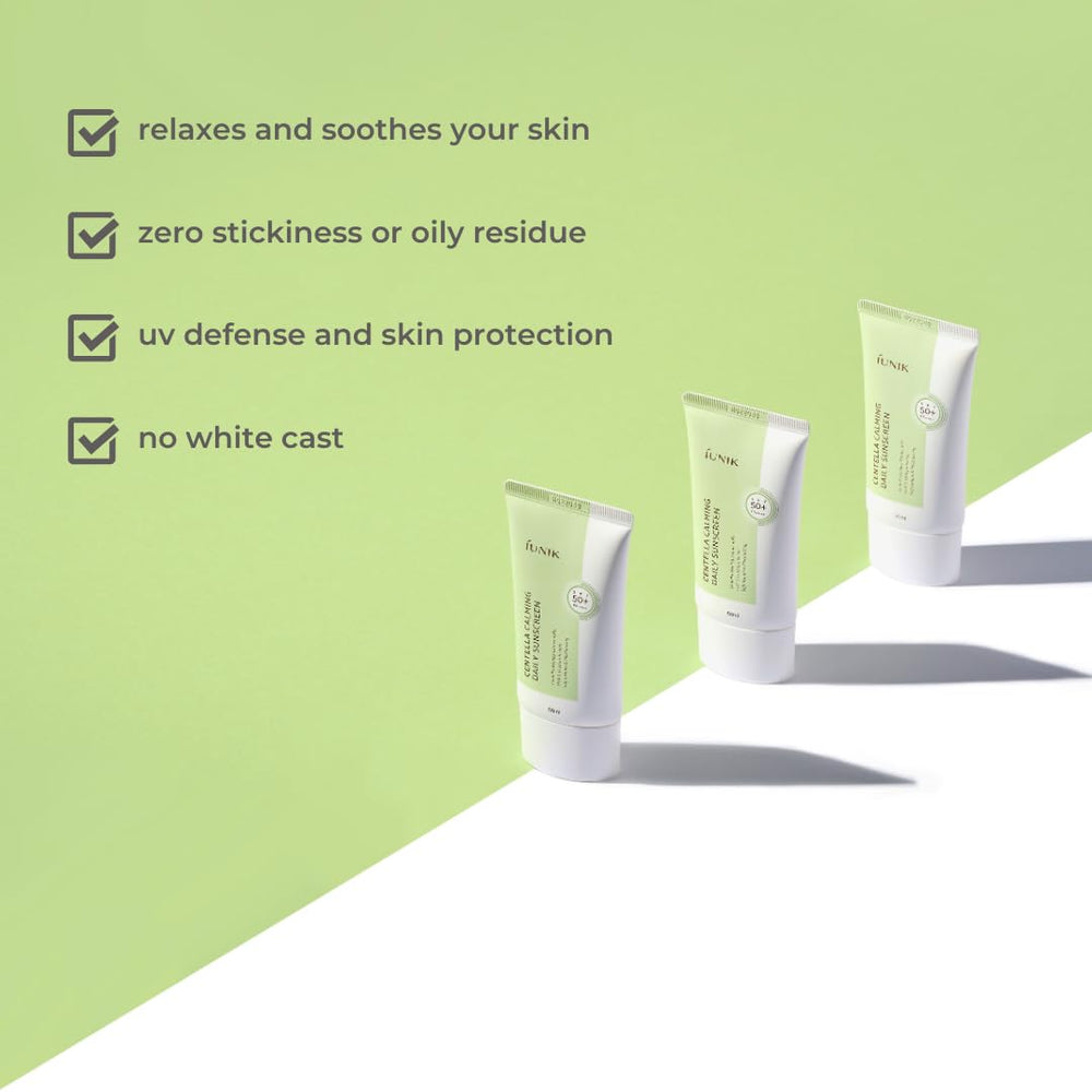 IUNIK écran solaire Centella apaisante, texture gel légère, absorption rapide.