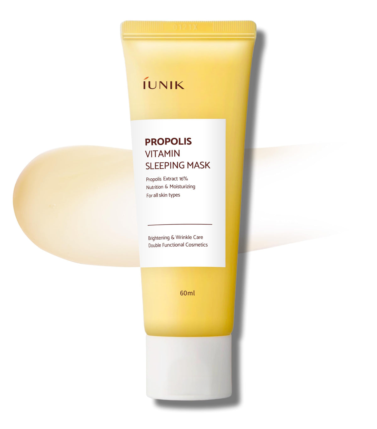 Masque de nuit IUNIK Propolis Vitamin Glow – bouteille montrant hydratation profonde.