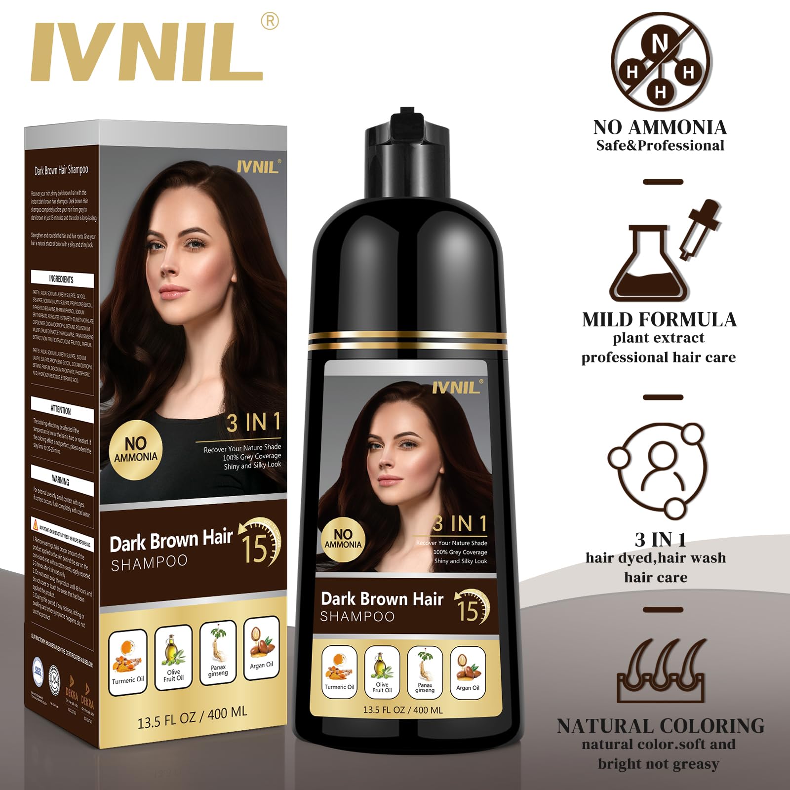 Ivnil Shampoing Colorant Brun Foncé : cheveux brillants et revitalisés après lavage.