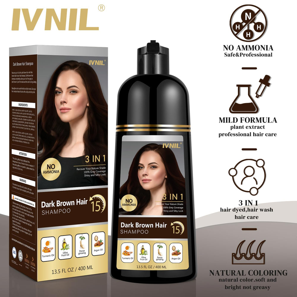 Ivnil Shampoing Colorant Brun Foncé : cheveux brillants et revitalisés après lavage.