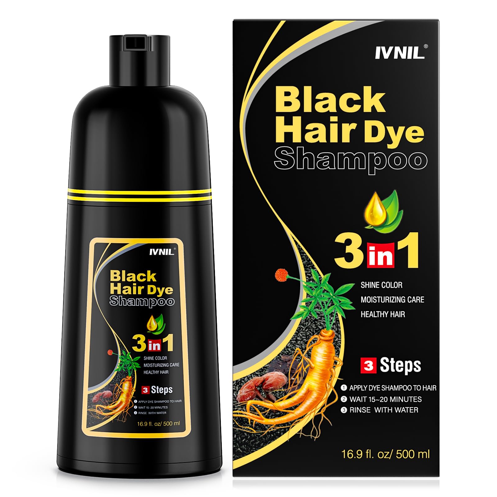 Ivnil Shampoing colorant noir 3 en 1 pour couverture des gris et cheveux plus noirs.