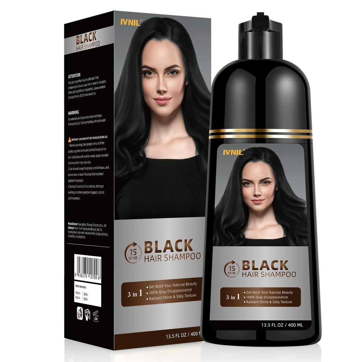 Ivnil shampooing noir 3 en 1: bouteille prête à colorer et nourrir les cheveux.