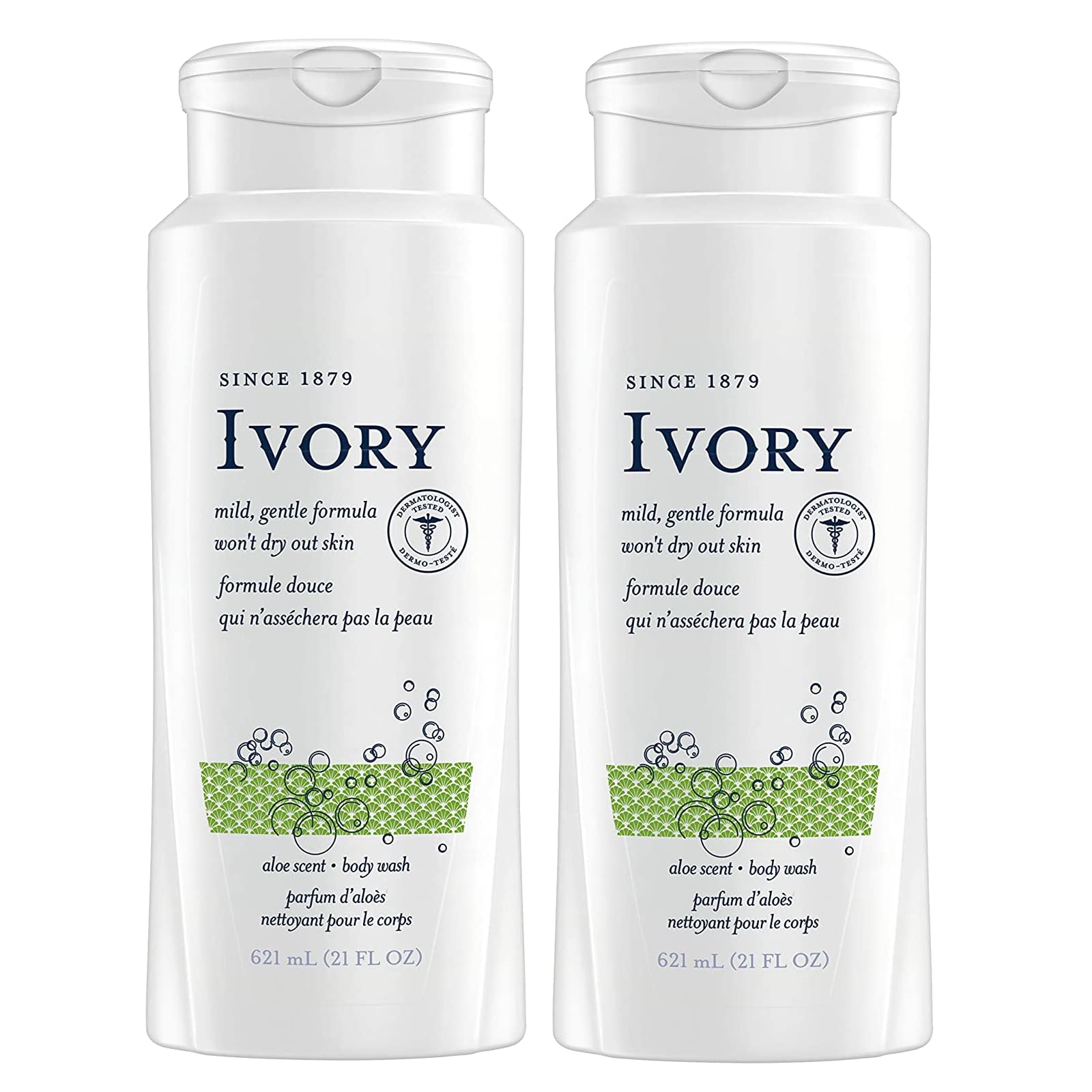 Ivory aloé : bouteille visible, hydratation douce après la douche.