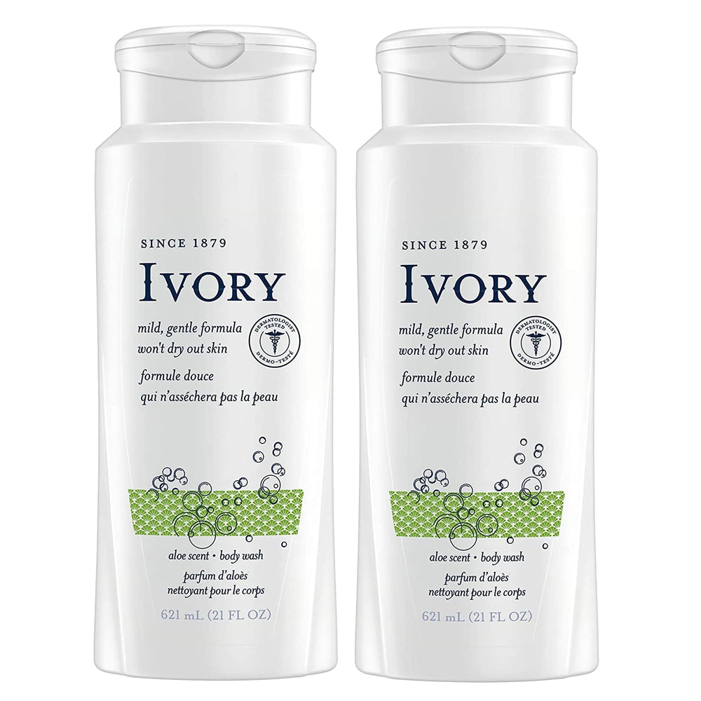 Ivory aloé : bouteille visible, hydratation douce après la douche.