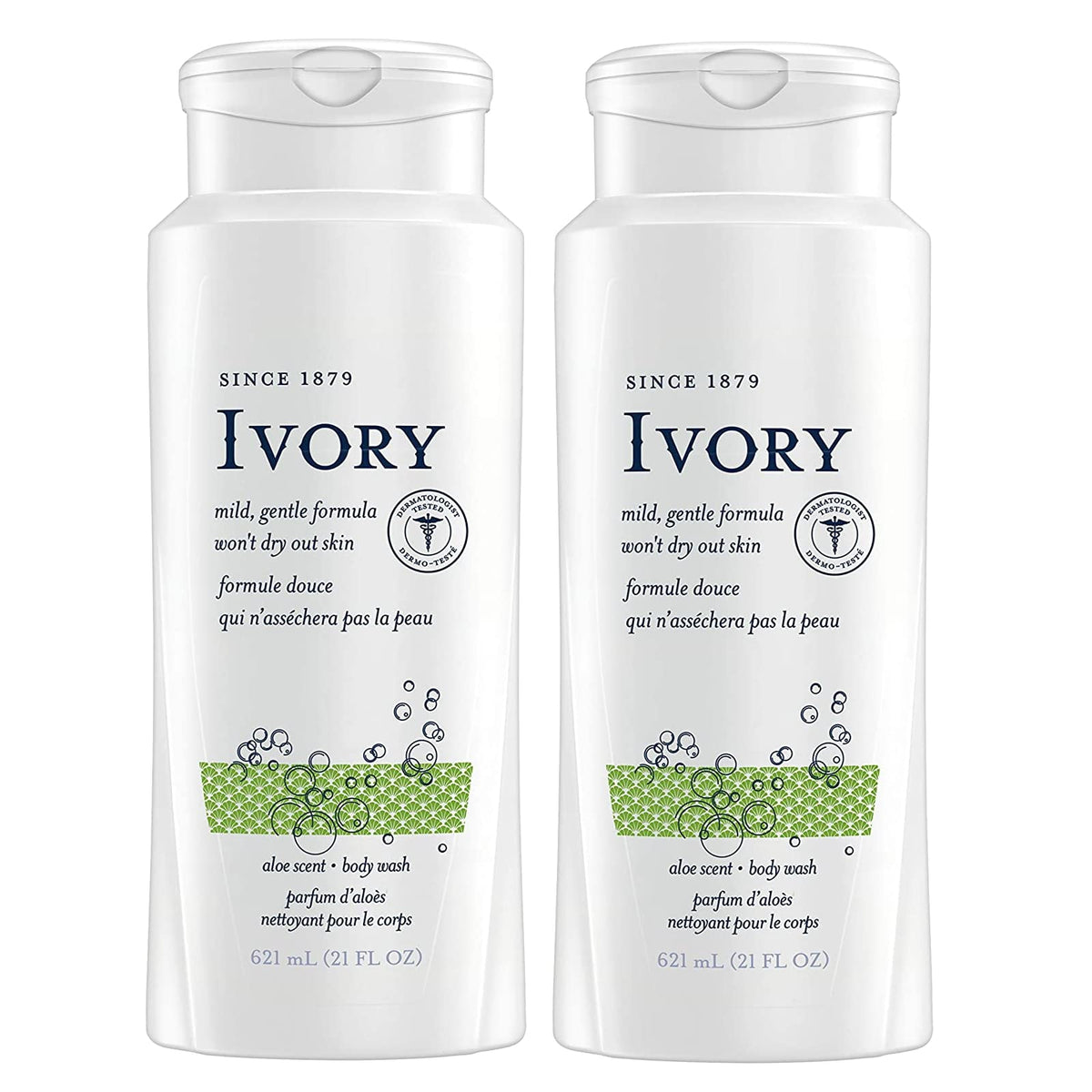 Ivory aloé : bouteille visible, hydratation douce après la douche.