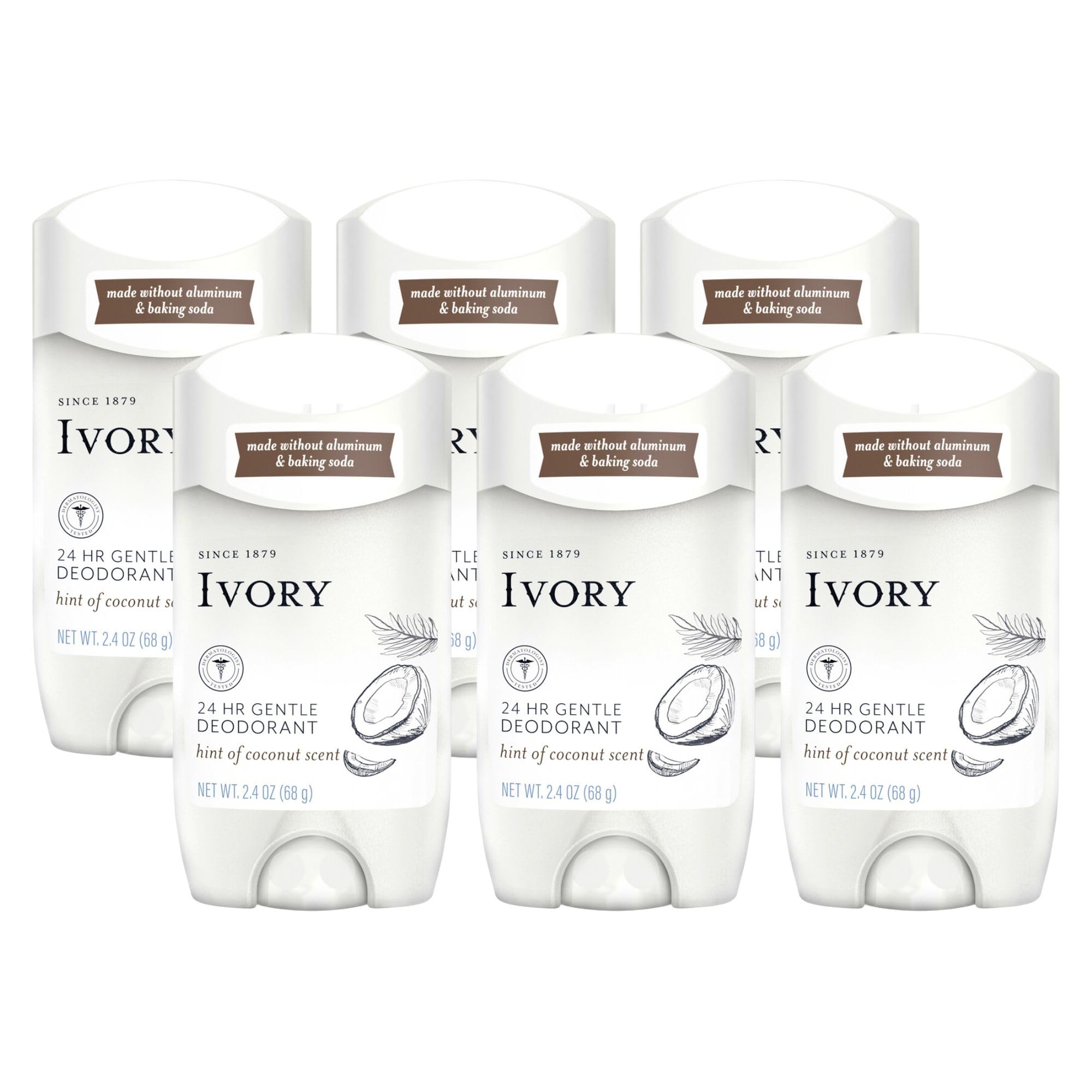 Ivory déodorant sans aluminium avec parfum coco, douceur pour la peau, utilisation quotidienne.