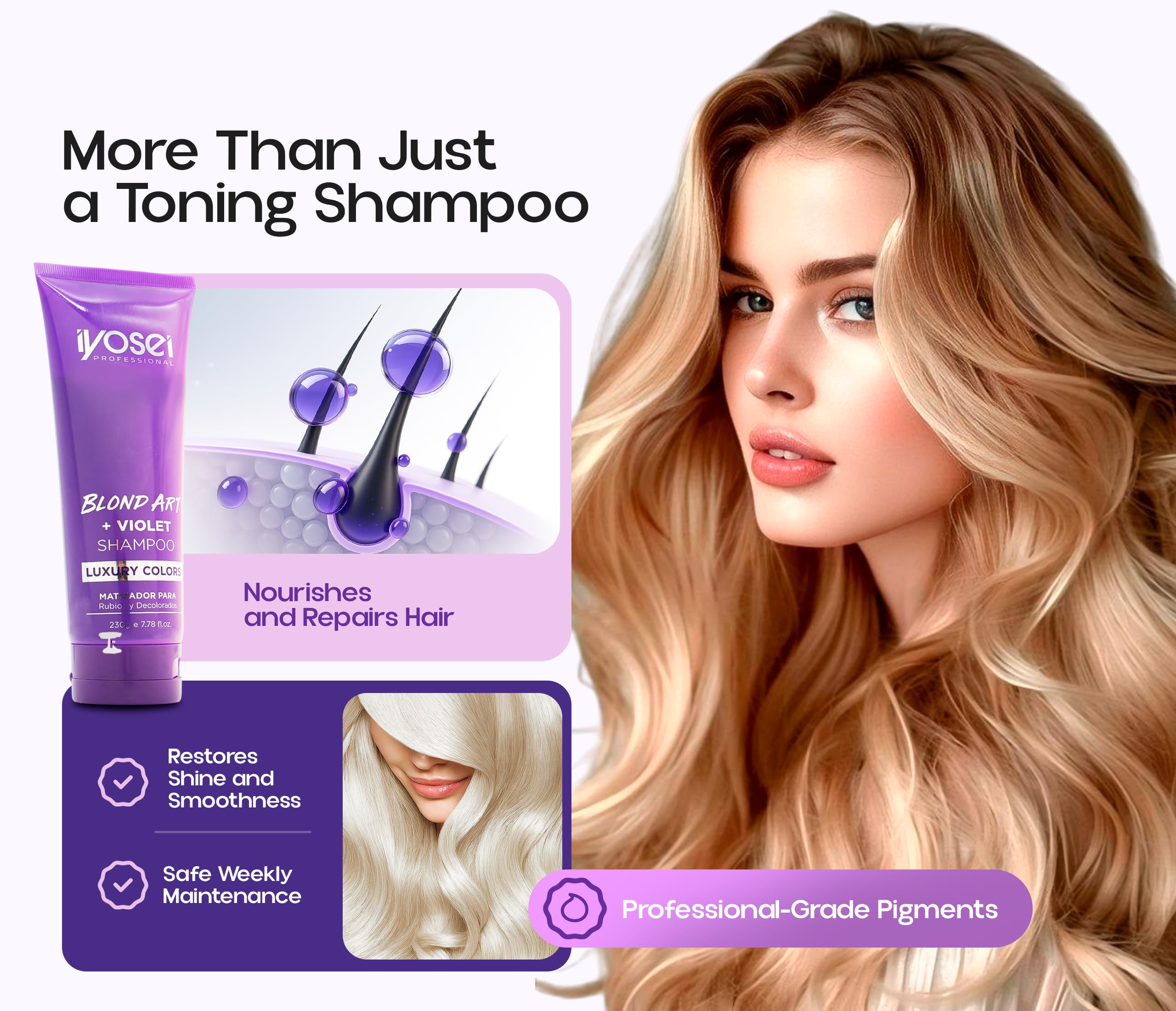 Application facile du shampoing IYOSEI Blond Art Violet sur cheveux.