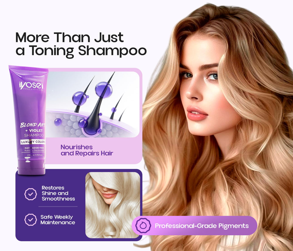 Application facile du shampoing IYOSEI Blond Art Violet sur cheveux.