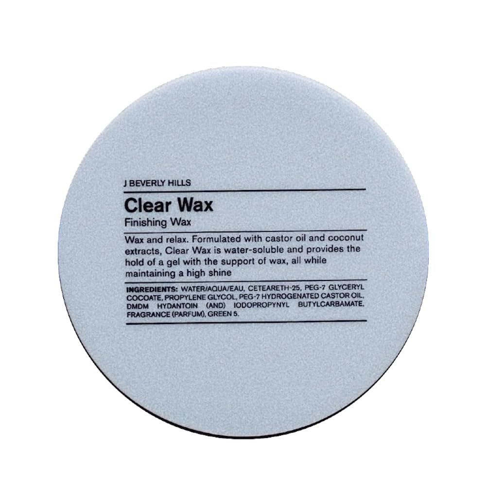 Bouteille J Beverly Hills Wax Clear, brillance naturelle et finition professionnelle.