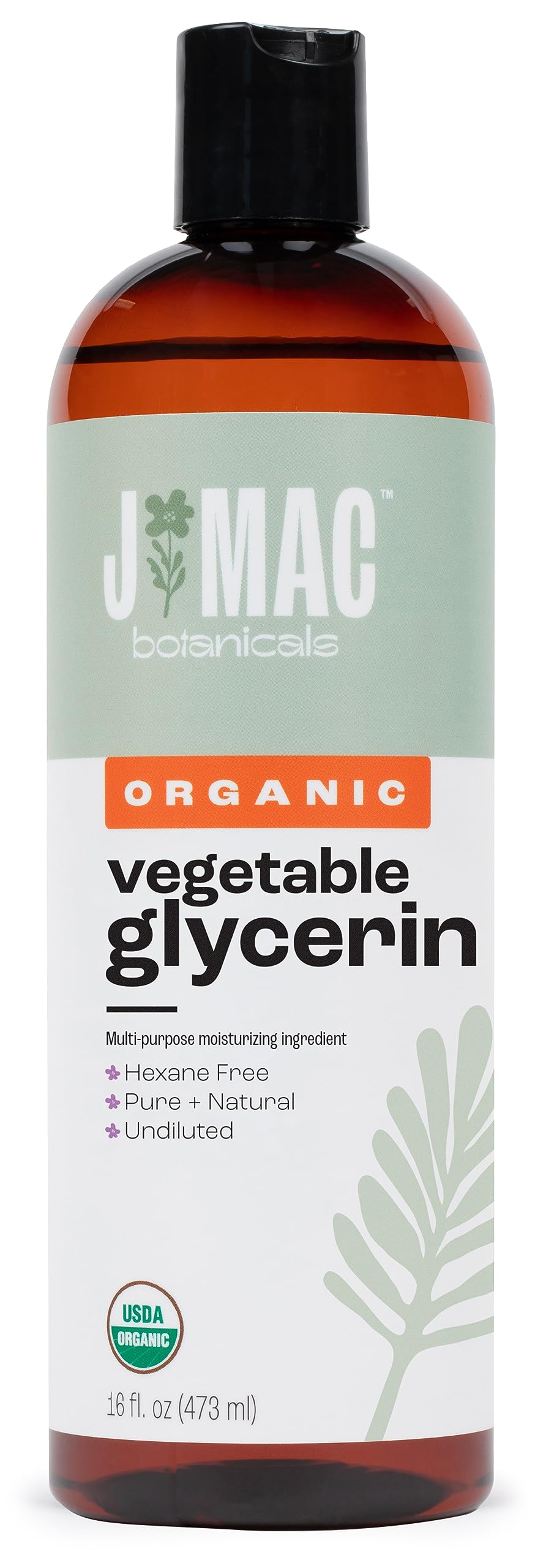 Glycérine végétale bio J MAC BOTANICALS en bouteille 16oz pour hydratation naturelle.